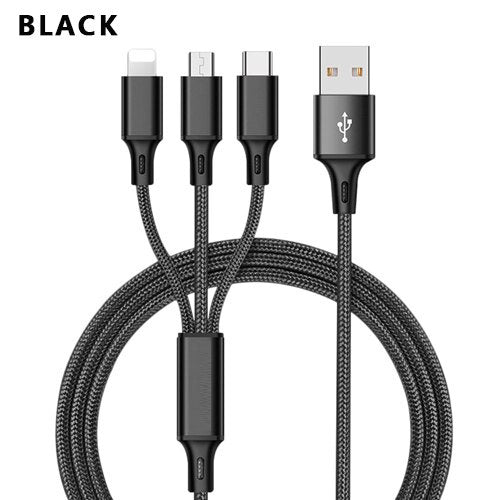 3-in-1 Multi-Device USB Charging Cable - Compatible with iPhone, Android, and USB Type-C Devices