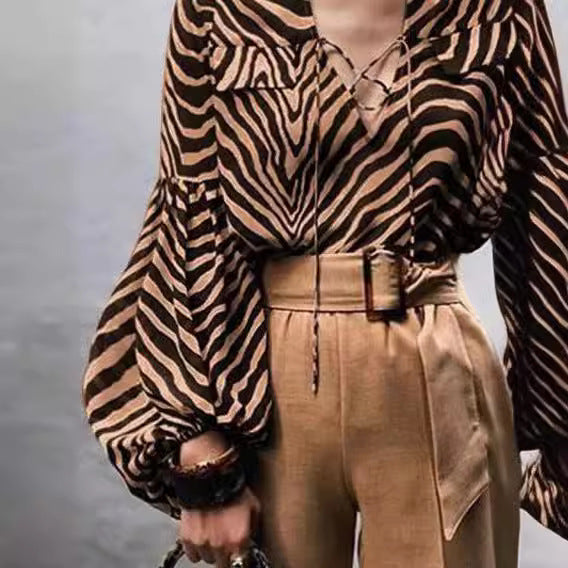 Women's Clothing Spring And Summer Zebra Prints V-neck Lace-up Long Sleeve Shirt