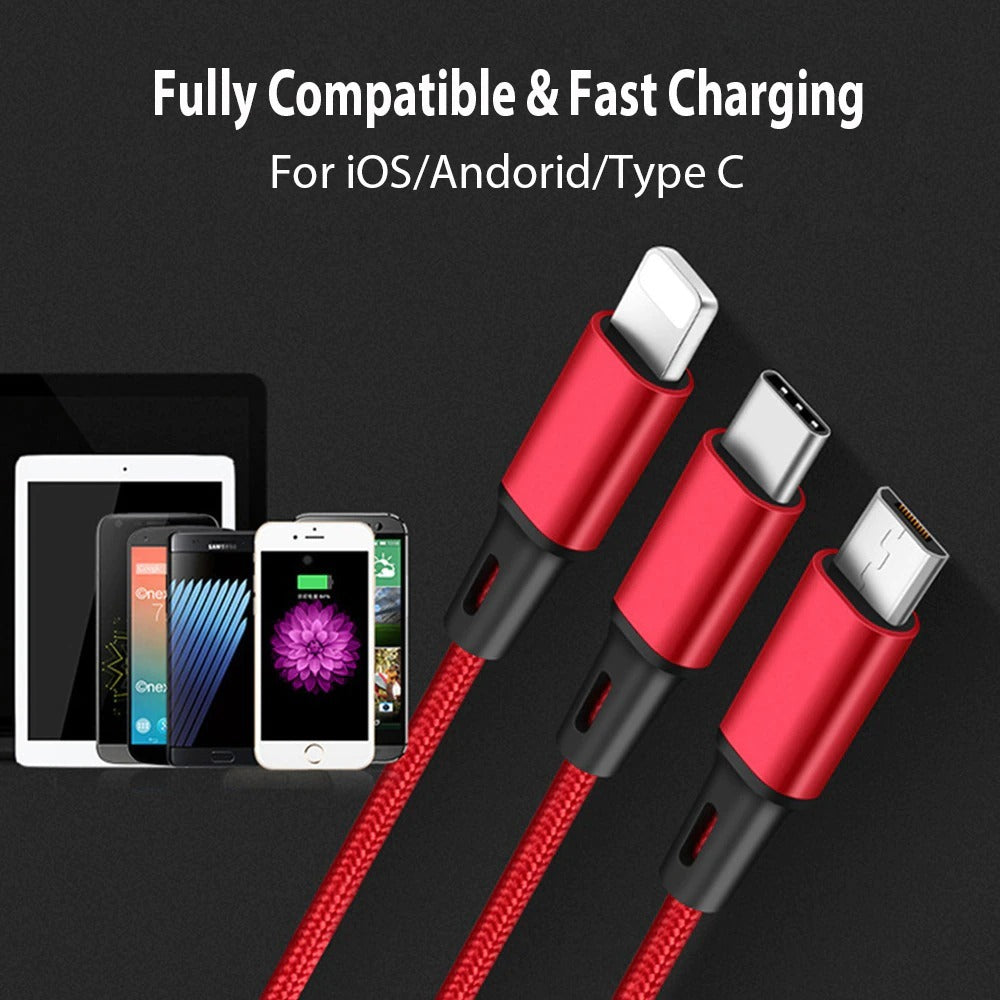 3-in-1 Multi-Device USB Charging Cable - Compatible with iPhone, Android, and USB Type-C Devices