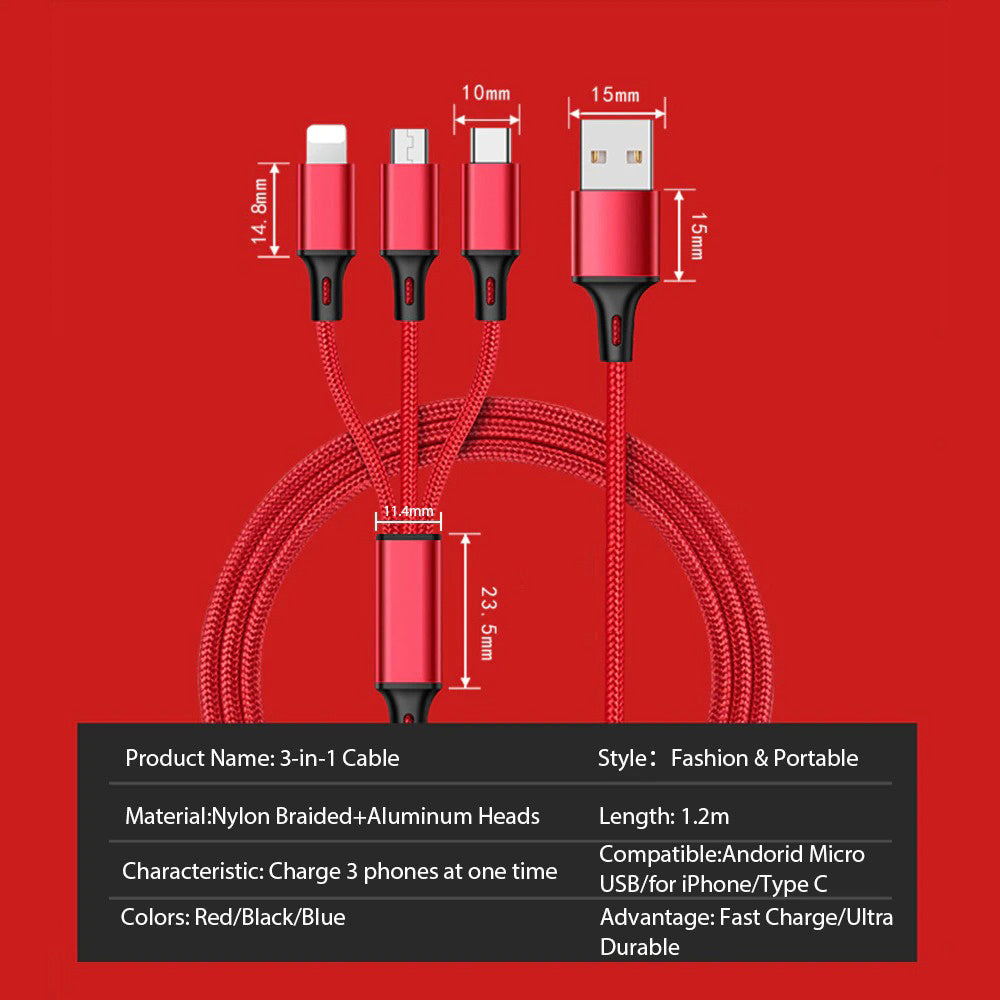 3-in-1 Multi-Device USB Charging Cable - Compatible with iPhone, Android, and USB Type-C Devices